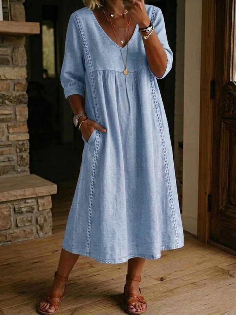 Lila - Robe Midi en Lin et Coton avec Dentelle