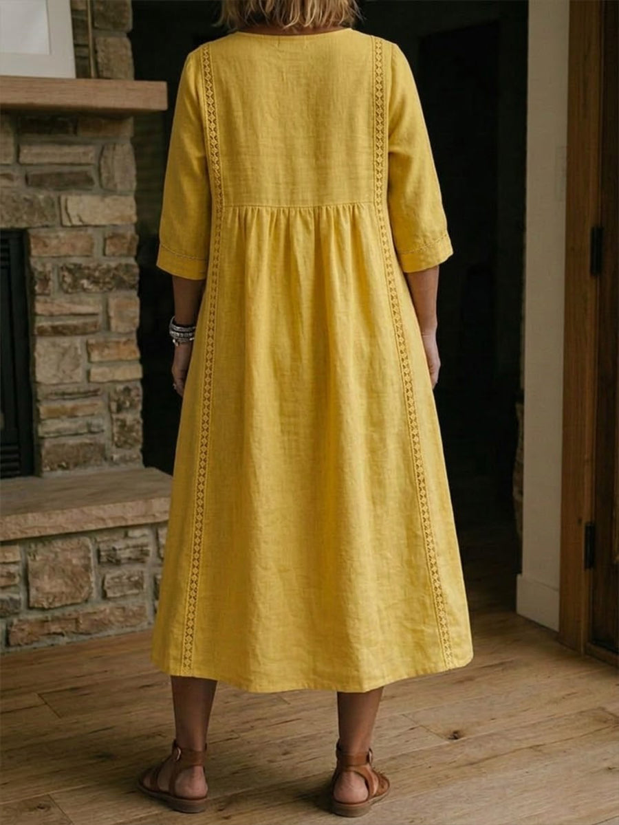 Lila - Robe Midi en Lin et Coton avec Dentelle